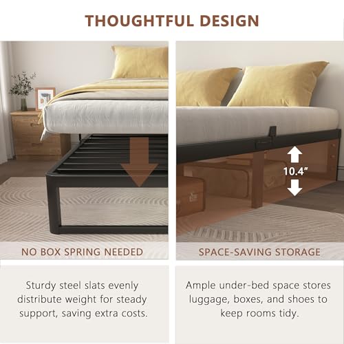 Image of ZTH Full Size Metal Platform Bed Frame 12 in, No Box Spring Needed, Black | Heavy duty support, Underbed storage, Noise-free design, Anti-slip clips, Rounded legs, Easy assembly, Headboard compatible