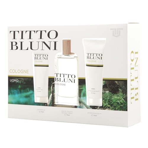 TITTO BLUNI - Cologne Uomo, Estuche de Regalo Hombre, Colonia 75 ml + After Shave 75 ml + Gel de Baño 75 ml, Perfume Formato Spray, Eau de Toilette Natural y Masculina, Aroma Amaderado y Aromático