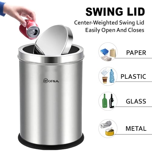 Image of mofna Stainless Steel Swing lid dustbin, Garbage Bin, Trash Can, with removable lid For Home, Kitchen, Bathroom, Office & Commercial Use - 8x12 In -10 Liter, Silver, Pack of 1