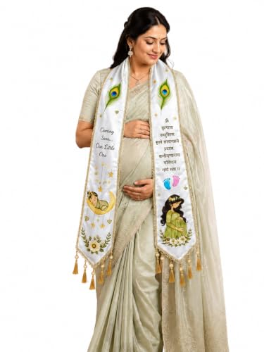 Image of Mom to Be Baby Shower Dupatta for Godh Bharai and baby shower Stoles with Bal Krishna Print, Ceremonial Festive Seemantham Functions FREE Shreenathji Brooch Pin for Dad to Be