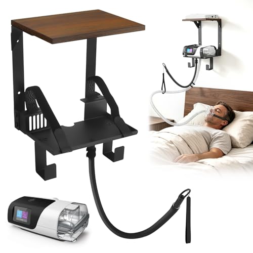 CPAP Wall Mount Shelf with Storage for ResMed AirSense 11 2-Tier CPAP Stand with Adjustable Hose Hanger & Mask Hook Space-Saving Bedside Shelf End Nightstand Clutter & Avoid Hose Tangles Brown