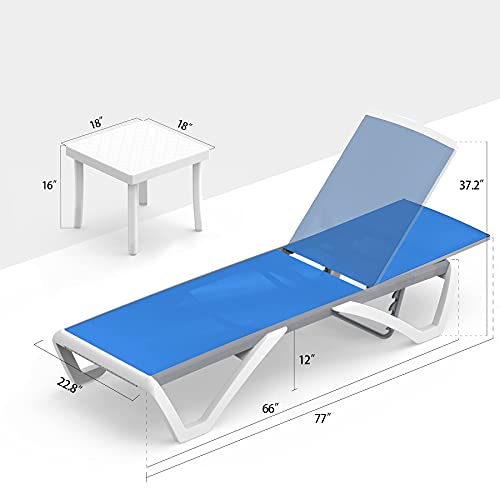 Image of Domi Patio Chaise Lounge Chair Set of 3,Outdoor Aluminum Polypropylene Sunbathing Chair with Adjustable Backrest,Arm,Side Table,for Beach,Yard,Balcony,Poolside(2 Blue Chairs + 1 Side Table)