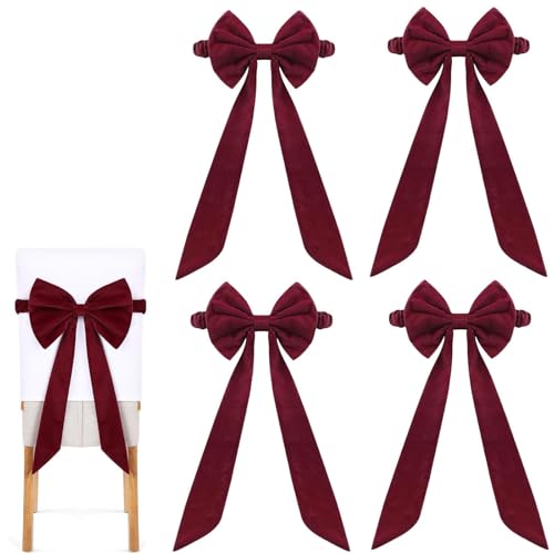 PGSLPH Christmas Red Chair Bows for Chairs,Burgundy Chair Sashes,Velvet Chair Sashes, for Christmas Banquet Holiday Event Decor Banquets Party (4pcs)
