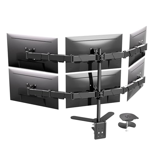 HILLPORT 6 Monitor Mount Desk Arm Heavy-Duty Height Adjustable Monitor Stand, Swivel Arm with Clamp-On Base, Six Screen VESA Mount Fits Most LCD/LED Monitors 17-32 in HP6