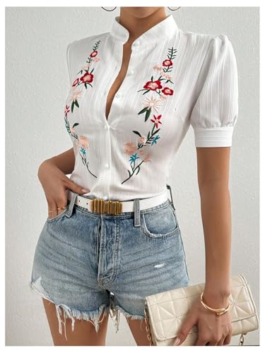 Floerns Women's Floral Embroidery Button Down Shirts Puff Sleeve Dressy Casual Blouse Top2