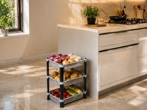 Image of KITCHIVO Multipurpose Storage Organizer Slim Rack Shelf with Wheels for Living Room, Office, Bedroom, Bathroom, Kids Room, Kitchen Trolley (Grey, 3 Layer)