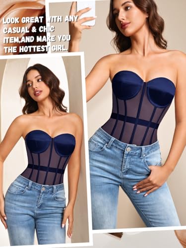 Image of Kaei&Shi Sheer Mesh Overbust Corset,Sexy Strapless Lace Up Satin Bra Corsets Top For Women Shapewear