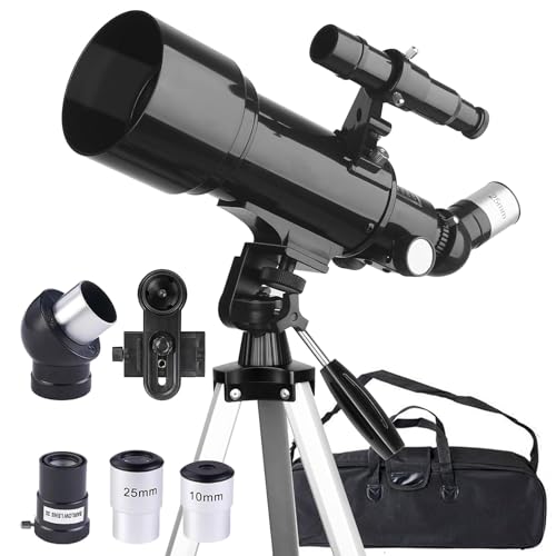 Misilmp Telescopio 70mm Apertura 400mm Telescopios para Adultos Principiantes Astronomía con Lentes, Visor, Trípode, Bolso, Soporte Móvil, Portátil Refractor Telescopio para Niños & Adultos (Negro)