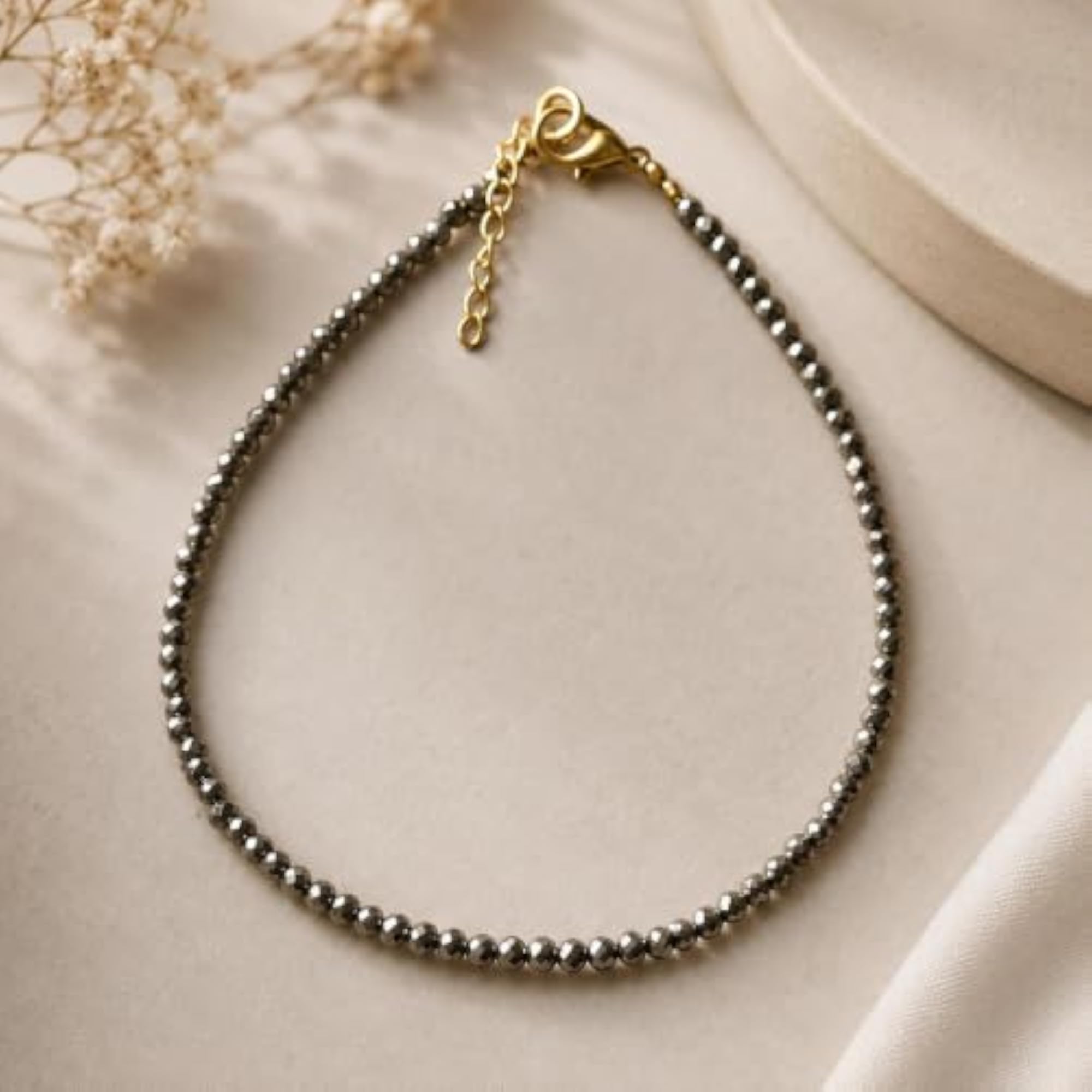 Women's Pyrite Anklet with Faceted Beads, Gold-Tone Clasp