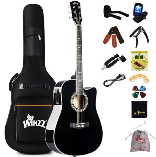 Winzz 4/4 Guitarra Electroacústica para Adultos, Guitarra Principiante Folk con Accesorios Completos（41 Pulgadas, Negro Brillante）