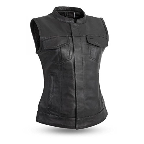 First Mfg Co Women's First Manufacturing Ludlow Ladies Leather Club Style Vest with Collar (Black, X-Large)