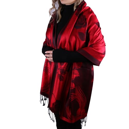 Women Soft Silky Pashmina Reversible Floral Rose Shawl Wrap Scarf w/Fringes4