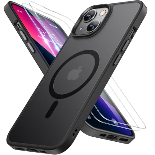 Miracase Magnetisch für iPhone 13 Hülle für Magsafe[mit 2 Schutzglas] Militärschutz Stoßfest Kratzfest Anti-Fingerabdruck Samtige Haptik Dünn Handyhülle für iPhone 13 6,1 Zoll, Matt-Schwarz