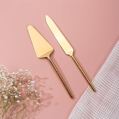 Image of nestroots Golden Stainless Steel Cake Server Set of 2 | 11-Inch Knife & 10-Inch Server with Hammered Handles for Cake Cutting, Dessert Serving, or Party Use | Elegant & Durable Design