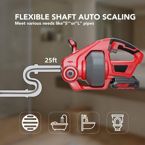 22V Electric Cordless Drain Auger, 25Ft Auto-Feed Plumbing Snake with 2.0Ah Battery & Charger, Drain Snake Clog Remover for Bathroom, Sink, Shower, Sewer Pipes (3/4"-2")