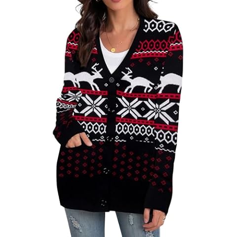 Ugly Christmas Sweater for Women Christmas Cardigans Funny Xmas Open Front Button Down Knit Coat Outwear Black Cover