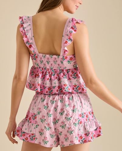 Image of ROAONOCOMO Women Summer Floral Pajama Set Ruffle Trim Cami Top Coquette Pj Set Gingham Babydoll 2 Piece Shorts Outfit