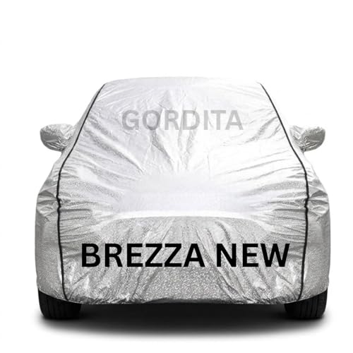 Image of Waterproof Car Body Cover for Brezza New All Weather Protection Comes with Inner Cotton Lining & Triple Stitched with Mirror & Antenna Pocket Belt & Elastic Fit Metallic Silver with Black Piping2