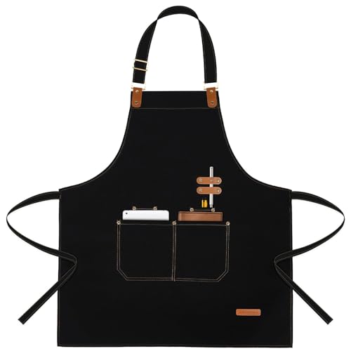 Chef Apron For Men Women With Pockets Adjustable Neck Strap, Heavy Duty Canvas Gardening Apron, Water Repellent Apron For Cooking, Baking, Bbq, Working, Painting (Black)