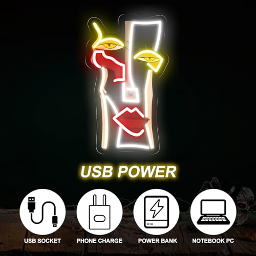 Image of Woman Face Abstract Neon Sign, Abstract LED Light Wall Art | USB Powered Dimmable Modern Neon Sign Wall Art Gift for Home Decor Personalized 16.5 inchX11.8 inch