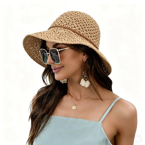 Image of Women Wide Brim Sun Hat UPF50 Straw Summer Hat Floppy Beach Hat Roll-Up