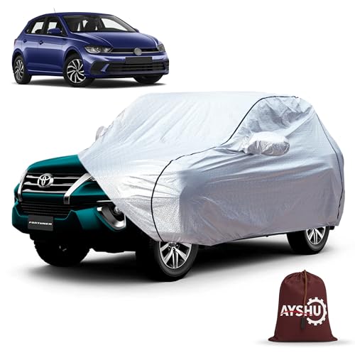 Image of AYSHU Waterproof Car Cover Compatible with Volkswagen Polo | Mirror & Antenna Pocket | Anti-Scratch Soft Cotton Inner Layer | Triple Stitched | Heat Resistant Metallic Silver | All-Weather Protection