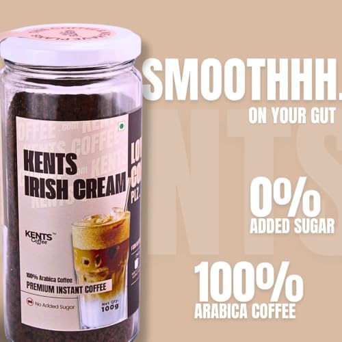 Image of Kents Coffee Irish Cream Instant Coffee | 100% Arabica Beans | No Added Sugar & No Chicory | Low Acidic Strong Coffee | Non-Alcoholic Irish Flavour for Hot, Iced Latte & Frappe (100g)