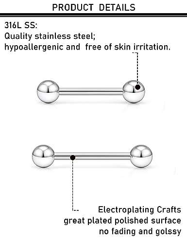 16G 14G 12G Nipple Piercings Tongue Rings Externally/Internally Threaded Hypoallergenic 316L Surgical Steel Nipple Tongue Barbell Piercing Jewelry for Women Men 12mm 14mm 16mm 19mm 22mm4