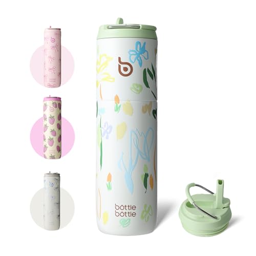 BOTTLE BOTTLE Botella de agua aislada de 24 onzas con tapa de popote y asa, para deportes, viajes, gimnasio, botellas de agua de acero inoxidable, doble pared, al vacío, metal, a prueba de fugas, sin