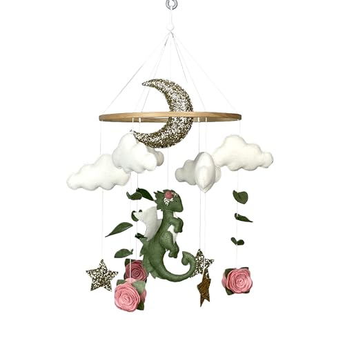Image of Dragon Mobile for Baby Girl Baby Dragon Nursery Fantasy Nursery Decoration Baby Crib Mobile Handmade Flower Mobile Crib Felt Hanging Mobile New Baby Girl Gift Fantasy Baby Shower