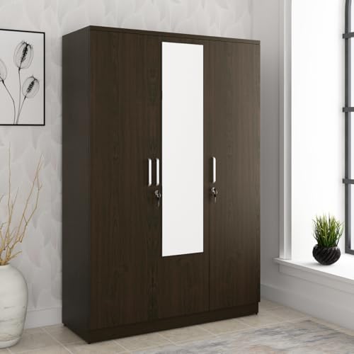 Spacewood Weave Wardrobe | 3 Year Warranty | Almirah, Cupboard, Almari, 3 Door Wardrobe with Mirror, 1 Drawer (1 Lock Drawer) and 2 Hanging Space|Engineered Wood| Vermount