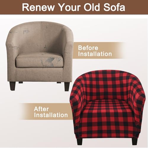 Image of SearchI Christmas Club Chair Slipcover Stretch Barrel Chair Covers Xmas Tub Chair Slipcovers Spandex Armchair Cover Removable Couch Furniture Protector Arm Chair Cover for Living Room(Black /Red Plaid)