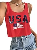 KevaMolly Women's Sexy 4th of July Crop Tank Shirts American Flag Patriotic Summer Sleeveless Graphic Tops for Teen Girls Red USA L