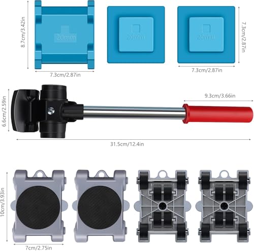 Möbel Transportroller Set 8 Teilig - Möbelheber-Werkzeug-Set - Geräteheber - enthält 4 Möbelroller, 3 Erhöhungsauflagen, 1 Handgriff - Gummigriff - rutschfestes Design für schwere Möbel