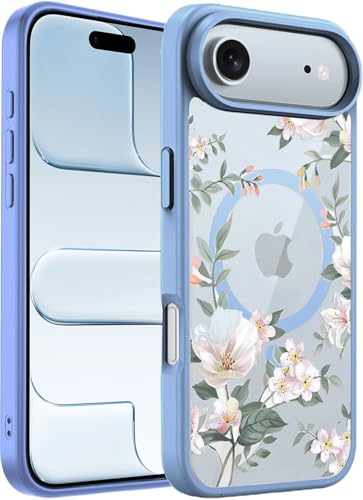 Image of VONZEE Back Cover Case Compatible with iPhone 17 Air Case, Luxury Retro Flowers Floral Clear for Magnetic Wireless Charging Shockproof PC+TPU Cute Glossy Shiny for Girls Women, 6.6''|Official Blue