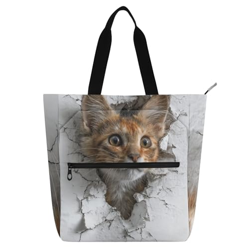 Bolsa de mano ligera y blanca con gatos 3D para guardar libros y apuntes universitarios