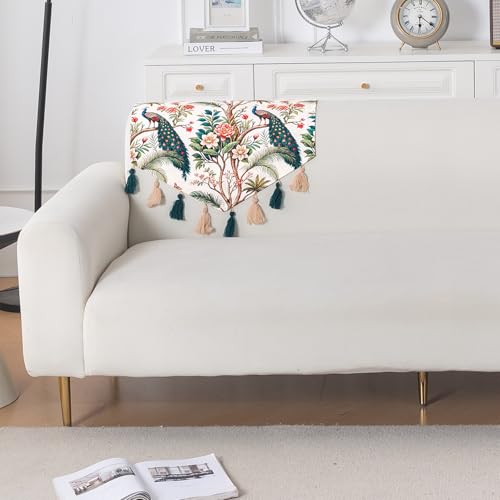 Image of HOKIPO Premium Sofa Backrest Cover Mat | Printed Holland Velvet with Tassels | 'Whispers of Nature' Multicolor Tropical Peacock (IN-1116-D1)