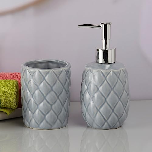 Image of Kookee Ceramic Bathroom Accessories Set - 2 Piece Bath Kit with Ceramic Soap Dispenser & Toothbrush Holder | Modern Bathroom Decor for Home & Guest Bathrooms, Grey (9604)