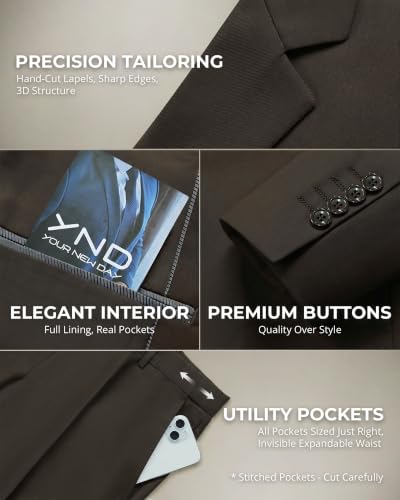 Image of YND Men's 3 Piece Suit with Tie, Solid Color Slim Fit Jacket Vest and Pants