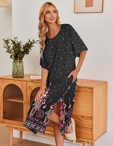 Image of Ekouaer Women's Nightgown Short Sleeve Sleepshirt Long Loungewear Casual Maxi Lounge Dress House Dresses with Pockets