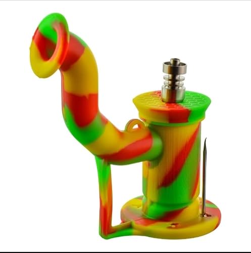 Silicone Dab Rig with Titanium Nail, Rasta Multicolour | Includes Dabber Tool, Flexible Silicone Body, Honeycomb Design, Unbreakable Build, Water Pipe