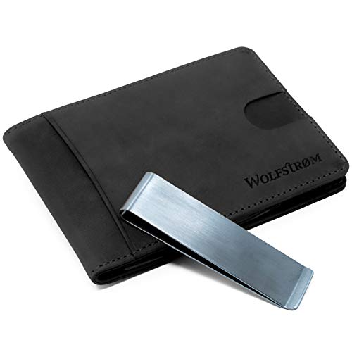 Kreditkarten-Etui \'Aika\' – Leder-Geldbörse mit Geld-Klammer & RFID-Blocker – Herren-Portemonnaie Geldschein-Klammer Herren-Geldbörse Herren-Geldbeutel Geld-Clip Wallet Portmonee – Norwegian Black