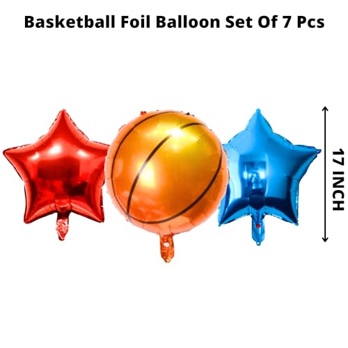 Image of Party Decorz Basketball Foil Balloon Set of 7pcs | Sports Balloon for Birthday Decor (3pcs Basketball Foil Balloons+ 2pcs Red Star Balloons+ 2pcs Blue Star Balloons)Basketball Theme Decoration Balloon