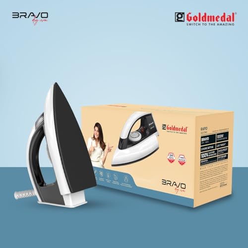 Image of Goldmedal Bravo 1000W Dry Iron| Non-stick Weilburger Premium Double Coated Soleplate| 5 Fabric Setting| 360 Swivel Cord| Thermal Fuse Safety|Light Weight (White-Black)