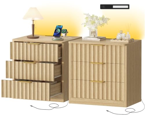 Image of TEENFON Fluted Nightstands Set of 2, Night Stand with Charging Station and LED Light, Nightstand with 3 Storage Drawers, Bedside Table for Small Space, Bedroom, Natural