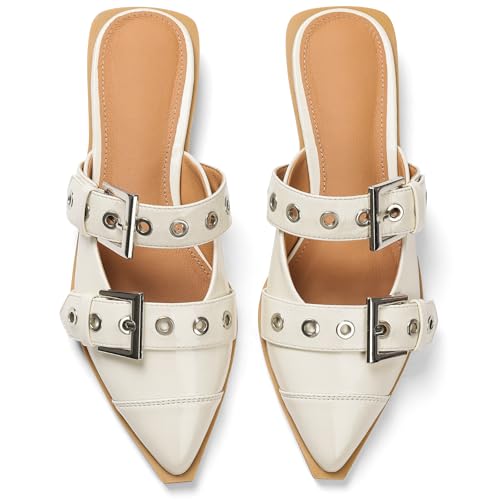Buckle Flats for Women Pointy Toe Wide Welt Buckled Mules Low Block Heel Slippers Mary Jane Shoes Comfortable Ballerina Flats3