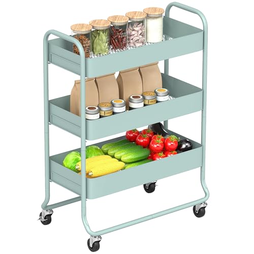 HOMCOM 3-Tier Storage Trolley on Wheels, Rolling Utility Cart with Mesh Backets, Mobile Storage Cart for Kitchen, Bathroom, Bedroom, Light Green