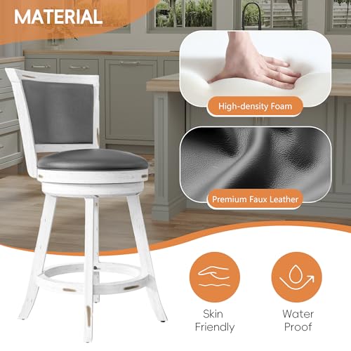 Butacos Giratorios de Barra, Juego de 2 Unidades, Altura de Encimera 24", Asiento Tapizado en Cuero Sintético con Espaldar y Reposapiés, Patas de Madera Maciza, para Cocina, Comedor y Pub, Color Blanco Antiguo miniatura 5