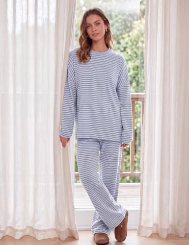 Image of MISSACTIVER Women's 2 Piece Striped Lounge Set Long Sleeve Oversized T-Shirt Wide Leg Pants Matching Pajamas Set