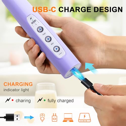 Image of YUSWKO Light Purple Handheld Milk Frother Wand for Coffee, Rechargeable Electric Whisk with 3 Heads 3 Speeds Drink Mixer Coffee Frother For Latte, Cappuccino, Hot Chocolate, Egg